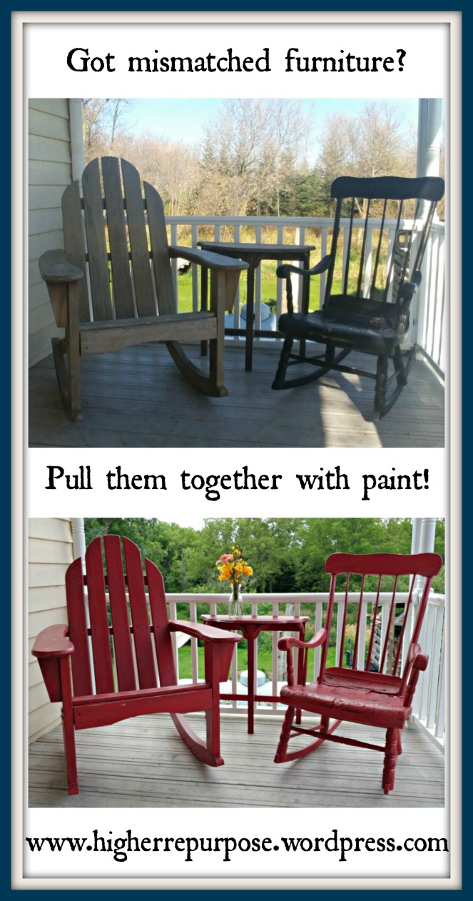 Mismatched porch rocking chairs and table are painted bright red for a cohesive look.